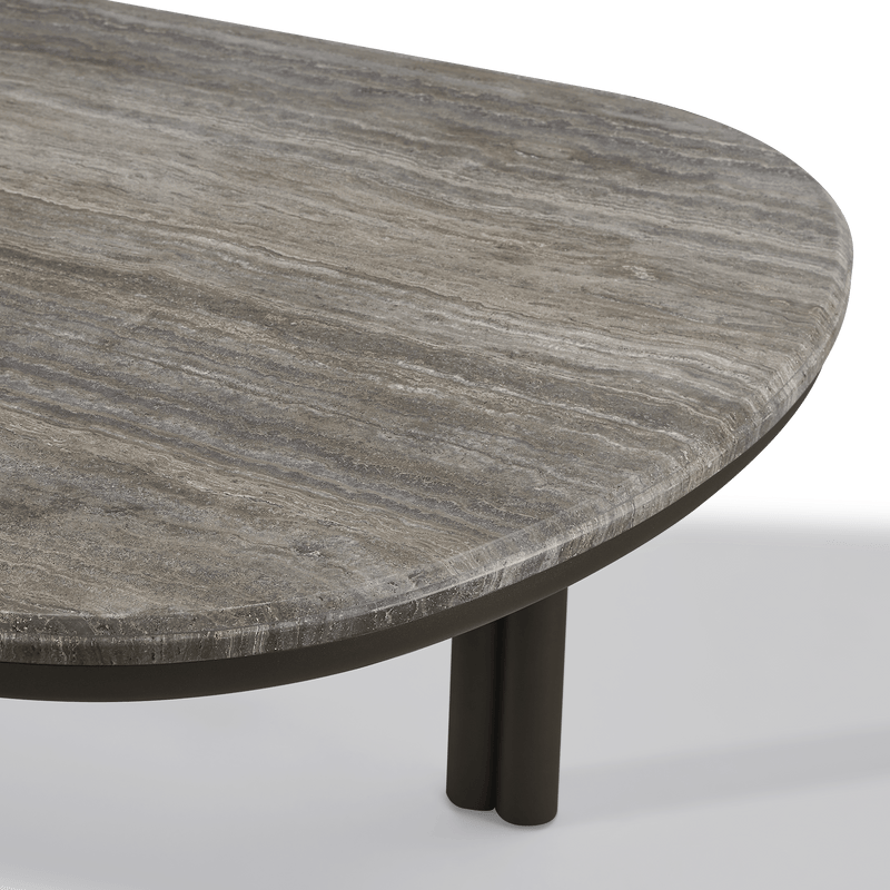 Cove Aluminum Pill Dining Table | Aluminum Bronze, Travertine Dark Grey,