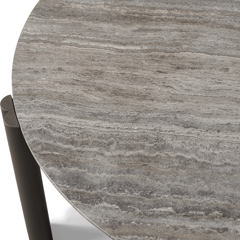 Cove Aluminum Round Coffee Table | Aluminum Bronze, Travertine Dark Grey,