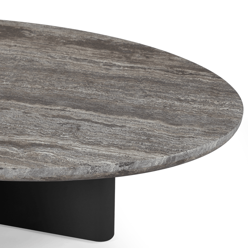 Victoria Oval Stone Coffee Table | Aluminum Asteroid, Travertine Dark Grey,