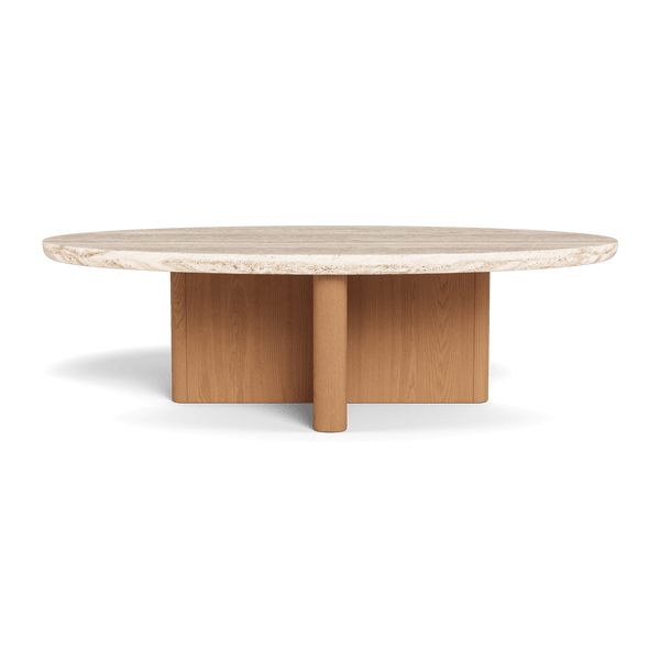 Victoria Teak Oval Stone Coffee Table | Teak Natural, Travertine Cream,