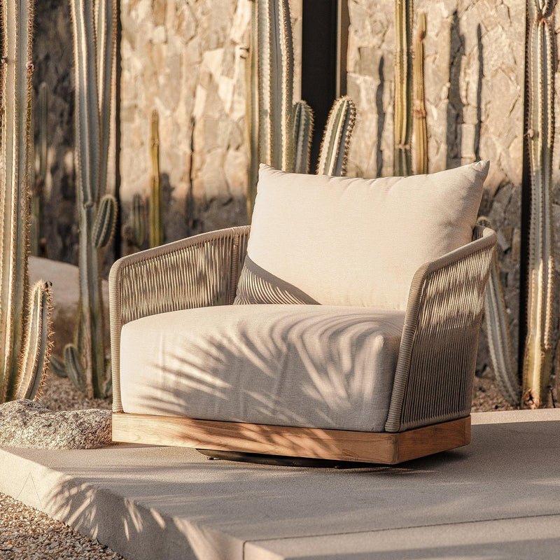 Avalon Swivel Lounge Chair | Teak Natural, Panama Marble, Rope Light Grey