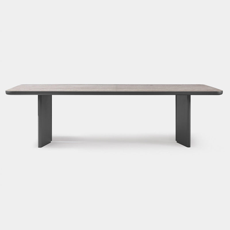Moab 107" Rectangle Dining Table | Aluminum Bronze, Travertine Dark Grey,