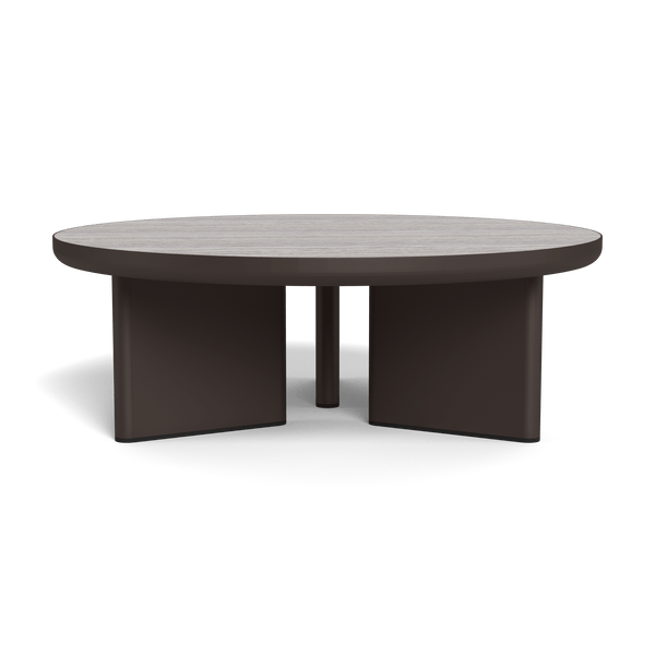 Moab Round Coffee Table | Aluminum Bronze, Travertine Dark Grey,