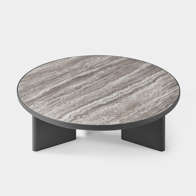 Moab Round Coffee Table | Aluminum Bronze, Travertine Dark Grey,