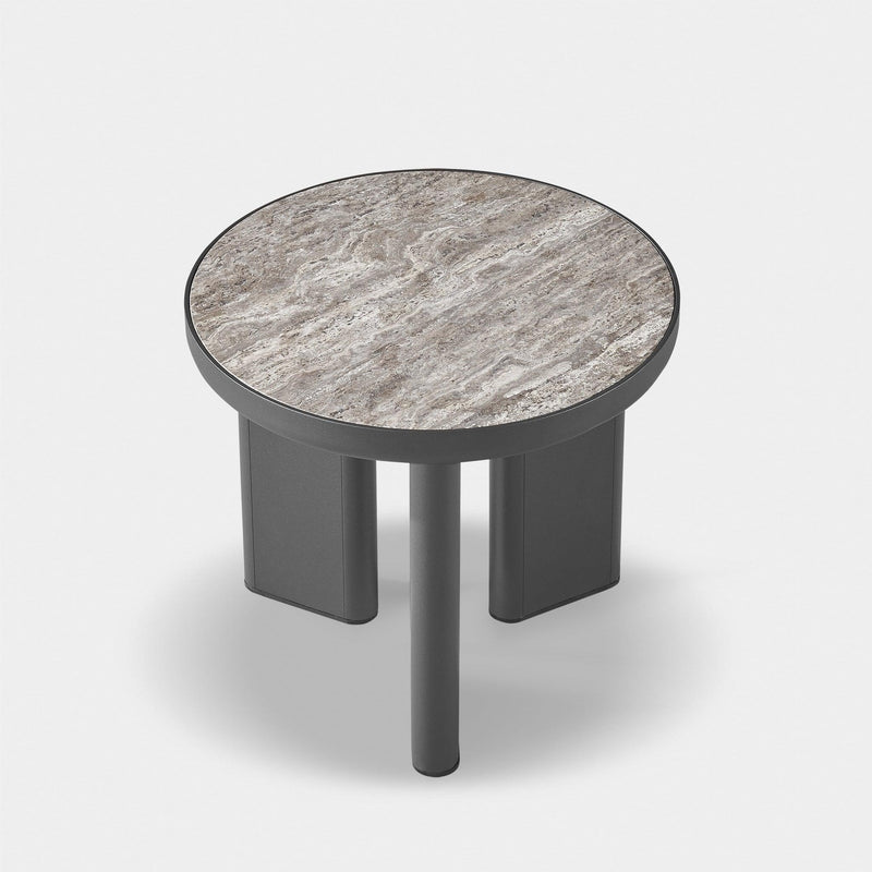 Moab Round Side Table | Aluminum Bronze, Travertine Dark Grey,
