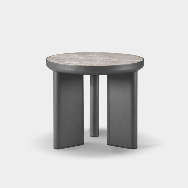 Moab Round Side Table | Aluminum Bronze, Travertine Dark Grey,