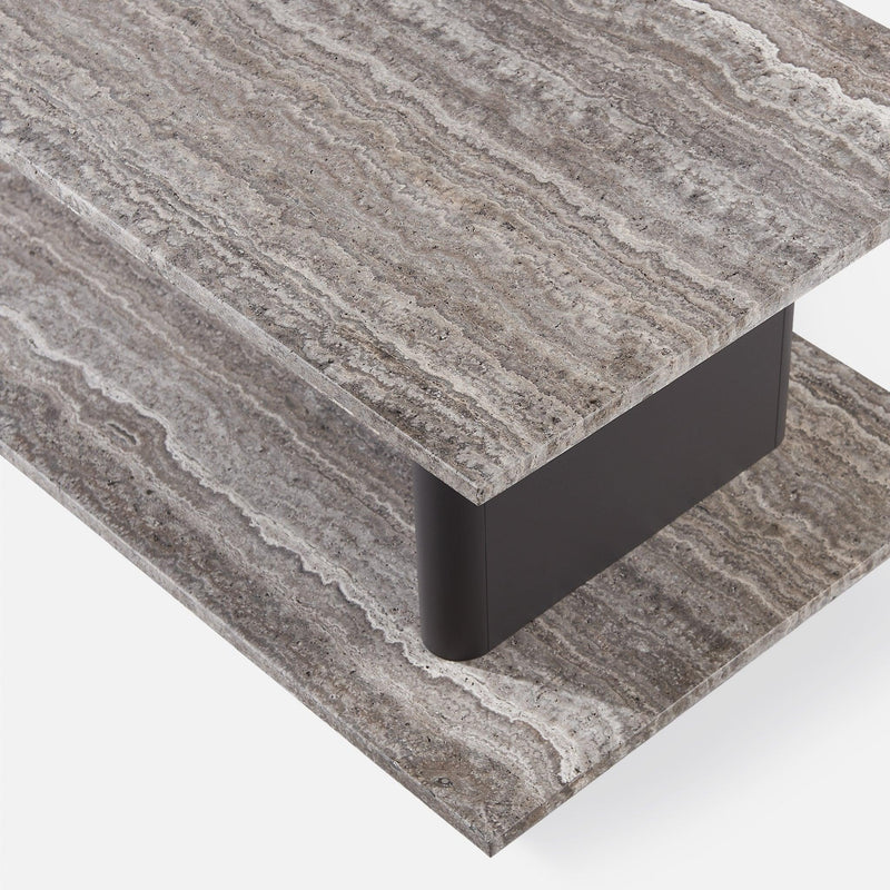 Santorini Outdoor Stone Rectangle Side Table | Aluminum Asteroid, Travertine Dark Grey,