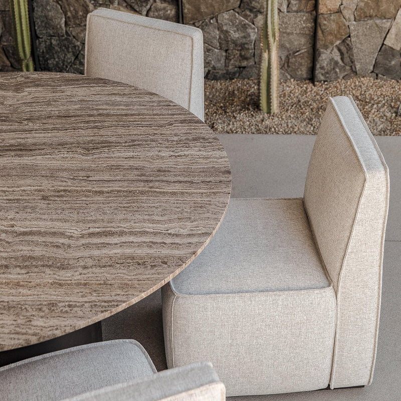 Santorini Outdoor Stone Round Dining Table 60" | Aluminum Asteroid, Travertine Dark Grey,