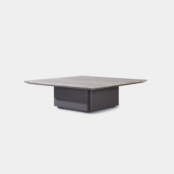 Santorini Outdoor Stone Square Side Table | Aluminum Asteroid, Travertine Dark Grey,
