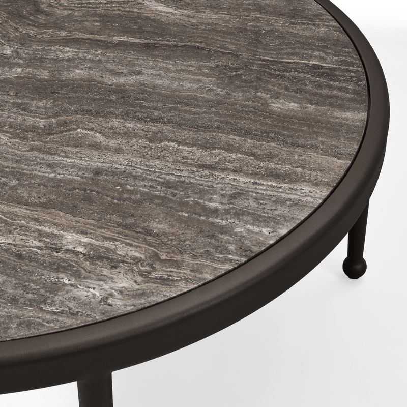 Andre Round Coffee Table | Aluminum Asteroid, Travertine Dark Grey,