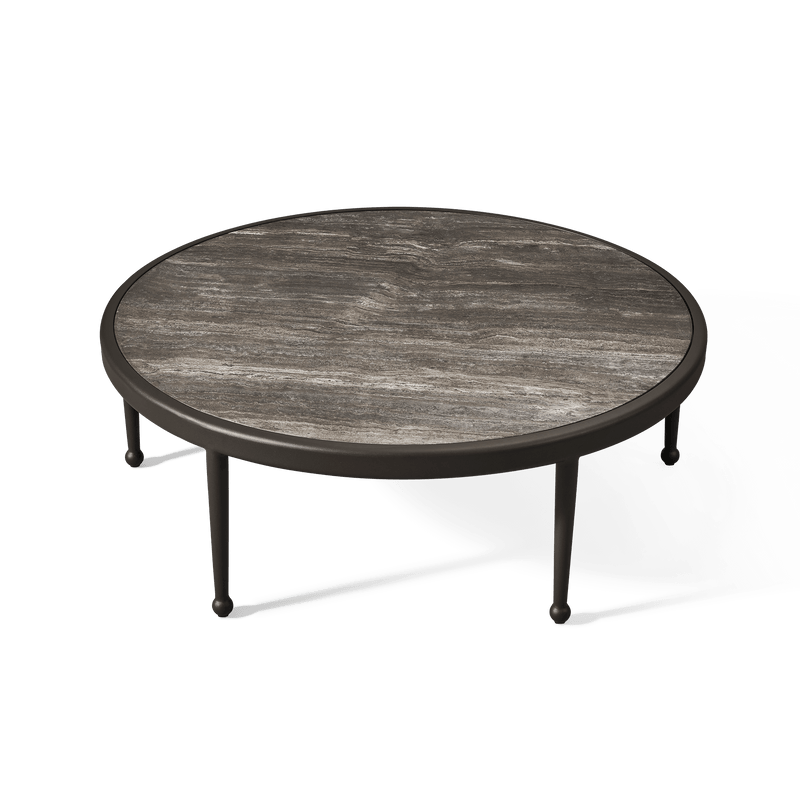 Andre Round Coffee Table | Aluminum Asteroid, Travertine Dark Grey,