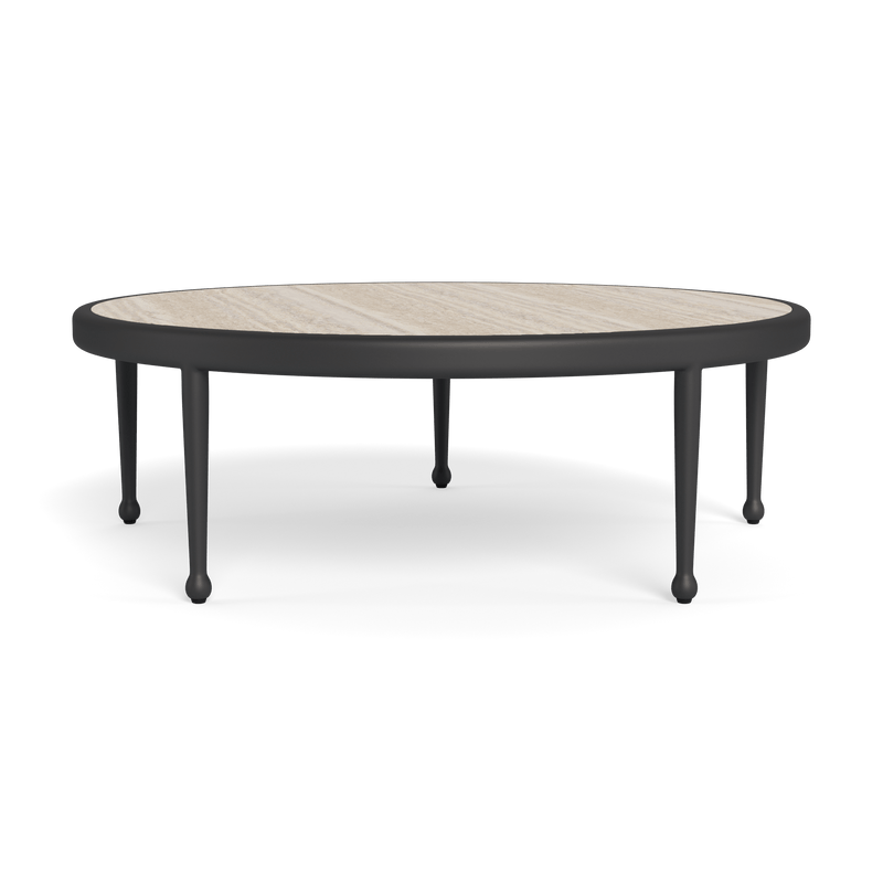 Andre Round Coffee Table | Aluminum Asteroid, Travertine Natural,