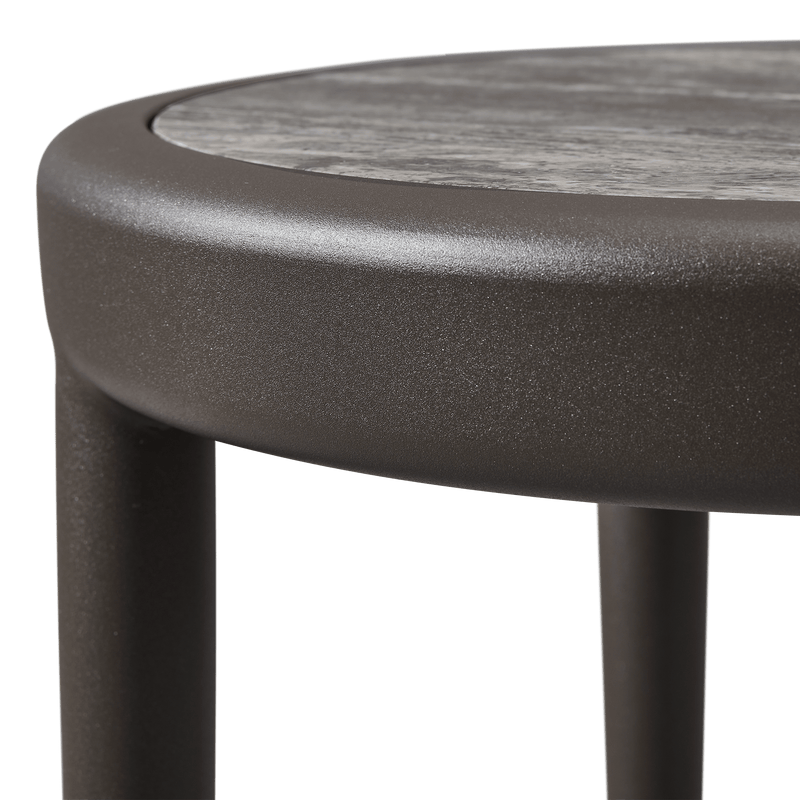 Andre Round Side Table | Aluminum Asteroid, Travertine Dark Grey,