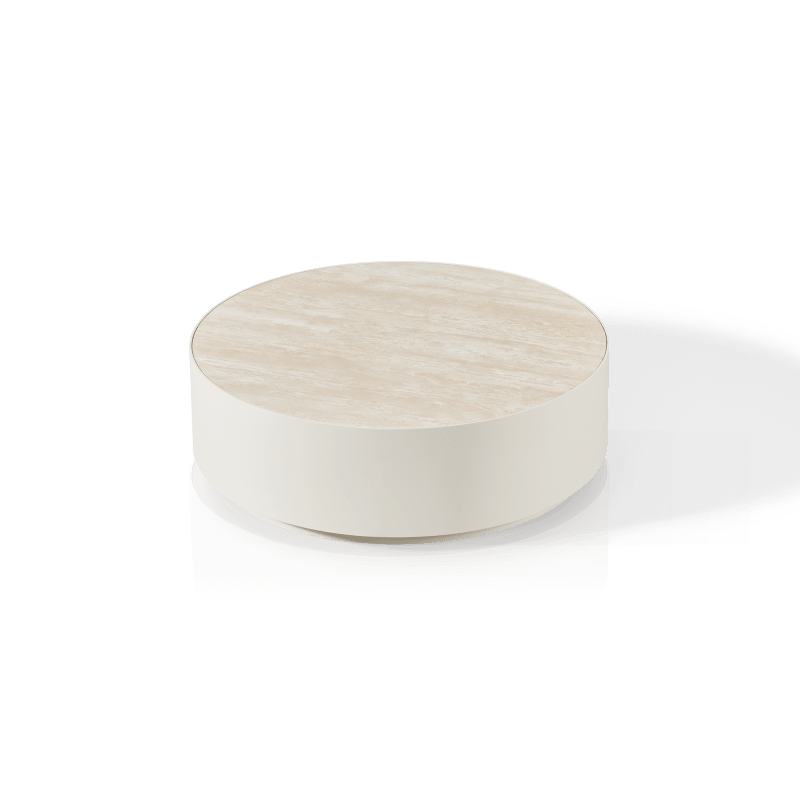 Antigua Round Coffee Table | Aluminum Bone, Travertine Natural,