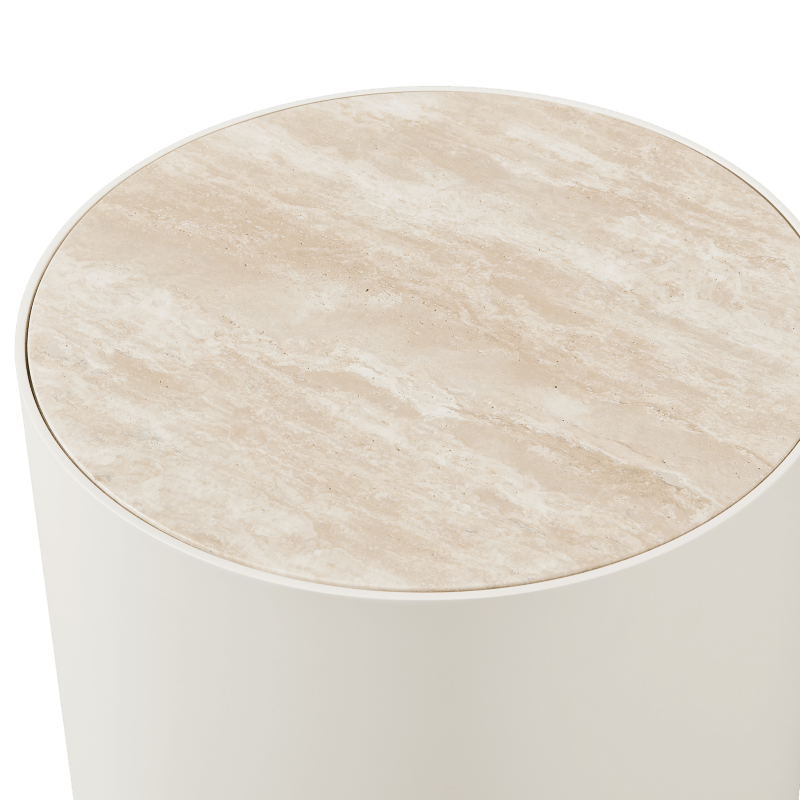 Antigua Round Side Table | Aluminum Bone, Travertine Natural,