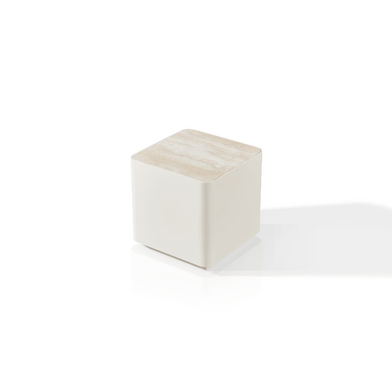 Antigua Square Side Table | Aluminum Bone, Travertine Natural,