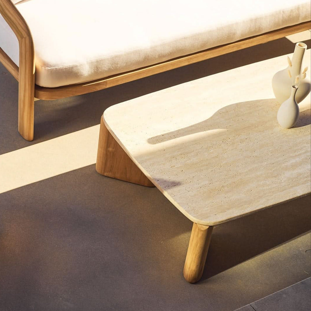 Chloe Rectangle Coffee Table | Teak Natural, Travertine Cream,