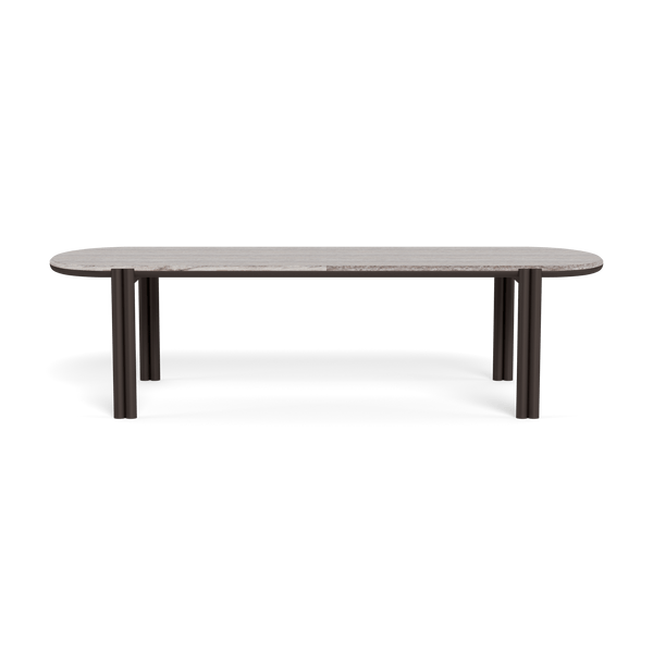 Cove Aluminum Pill Dining Table | Aluminum Bronze, Travertine Dark Grey,