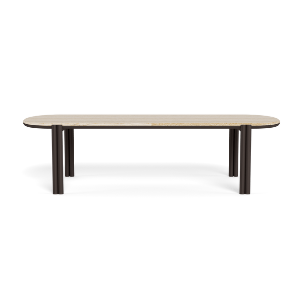 Cove Aluminum Pill Dining Table | Aluminum Bronze, Travertine Natural,