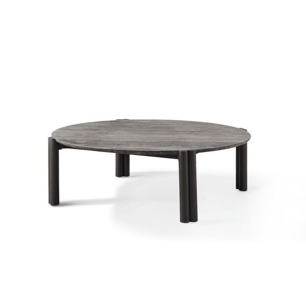 Cove Aluminum Round Coffee Table | Aluminum Bronze, Travertine Dark Grey,