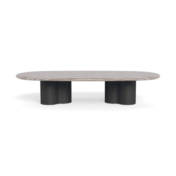 Porto Aluminum Pill Coffee Table 64" | Aluminum Asteroid, Travertine Dark Grey,