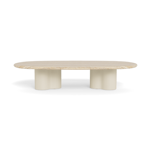 Porto Aluminum Pill Coffee Table 64" | Aluminum Bone, Travertine Natural,