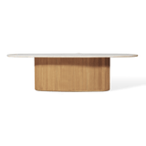 Rhodes Teak Oval Pedestal Dining Table 108" | Teak Natural, Travertine Cream,