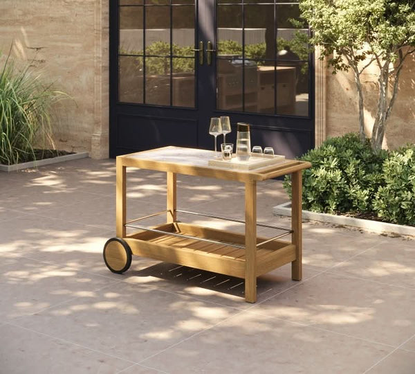 Tavola Teak Stone Bar Cart | Teak Natural, Travertine Cream,