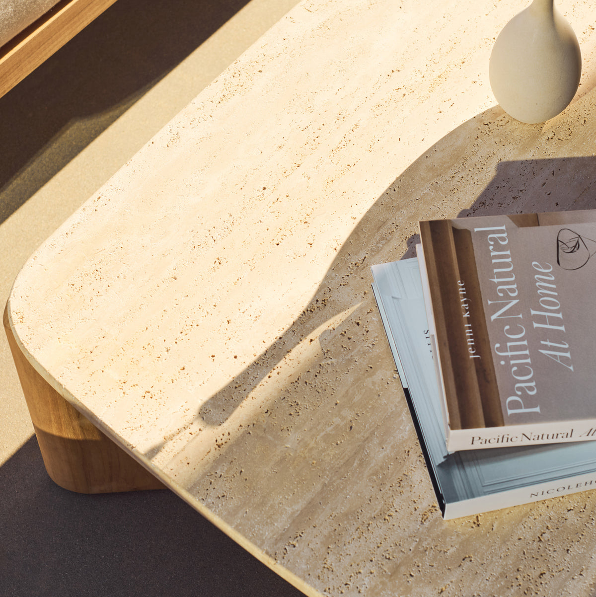 Teak, travertine and stone