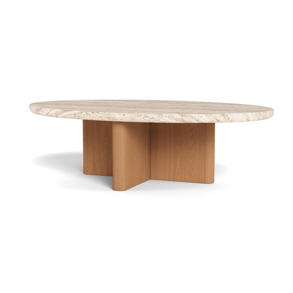 Victoria Teak Oval Stone Coffee Table | Teak Natural, Travertine Cream,