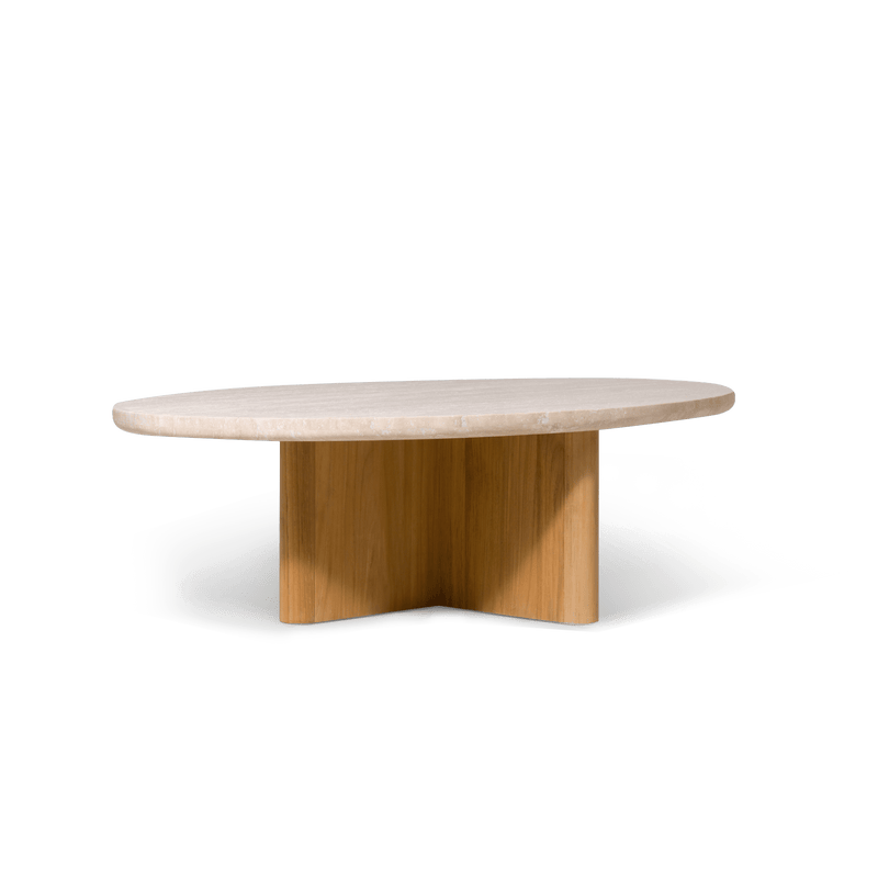 Victoria Teak Oval Stone Coffee Table | Teak Natural, Travertine Cream,