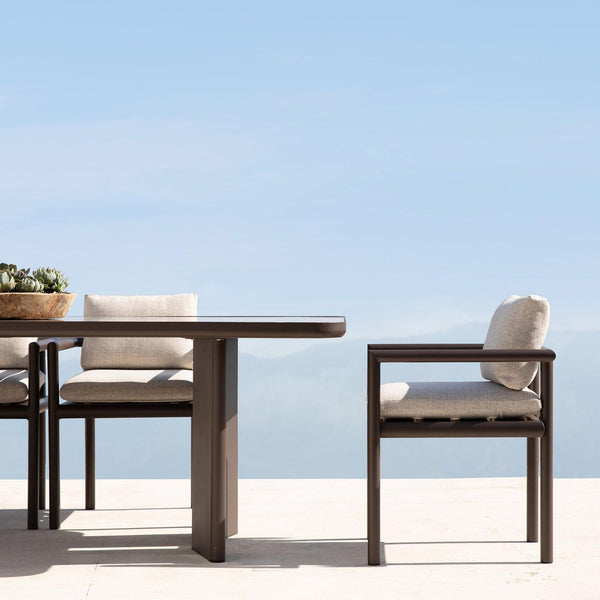 Moab 107" Rectangle Dining Table | Aluminum Bronze, Travertine Dark Grey,