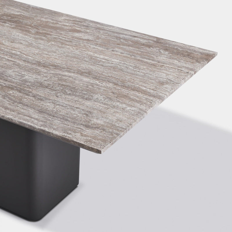 Santorini Outdoor Stone Rectangle Dining Table 108" | Aluminum Asteroid, Travertine Dark Grey,