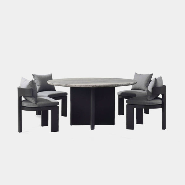 Victoria Stone Round Dining Table 60" | Aluminum Asteroid, Travertine Dark Grey,